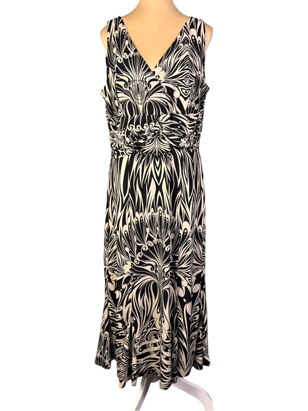 Julian Taylor Black & Cream Abstract Twist Front Midi Dress Size 16 Stretch